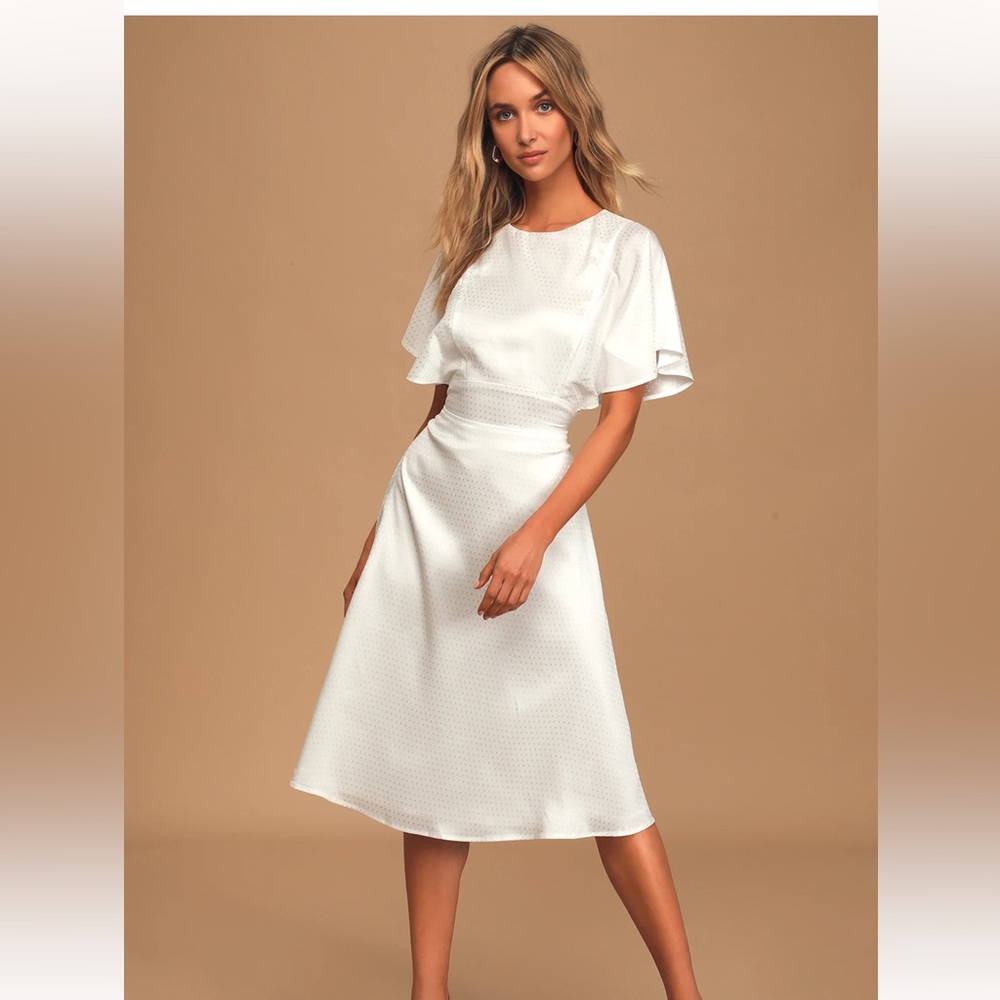 Lulus Cabaret Queen White Polka Dot Embossed Satin Backless Midi Dress Medium